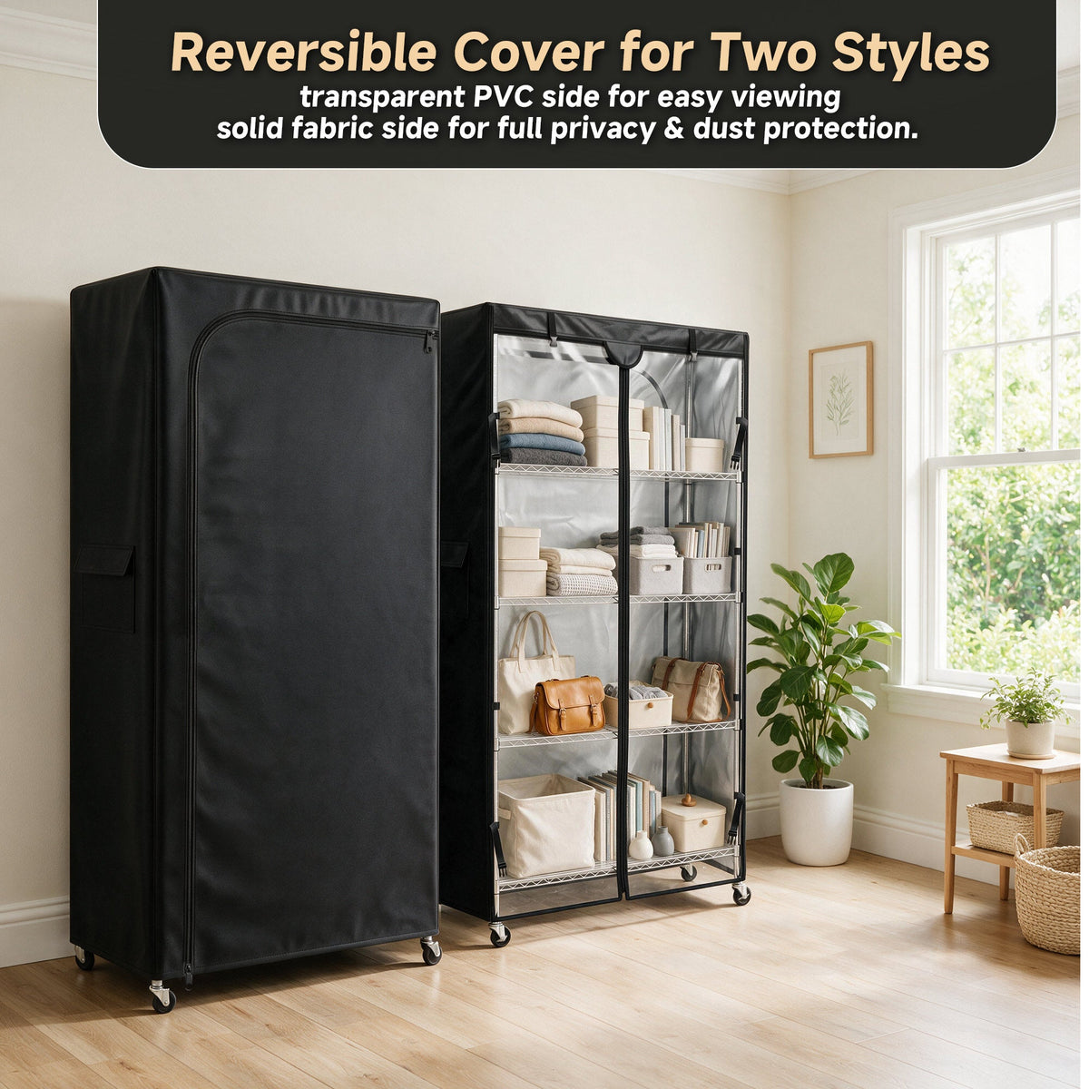 Reversible clear and solid panels of wire shelving cover