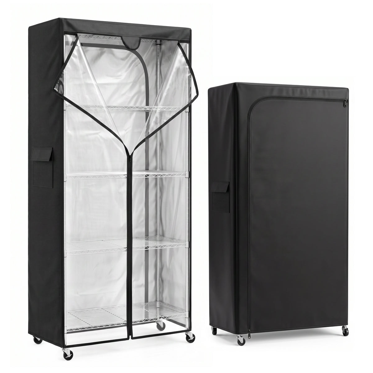 Wire shelving cover with clear front panel on wire rack