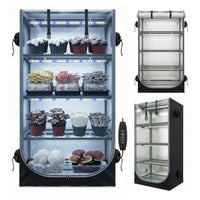 Mushroom grow tent kit 27.5x20x65 inch front view with transparent roll-up door
