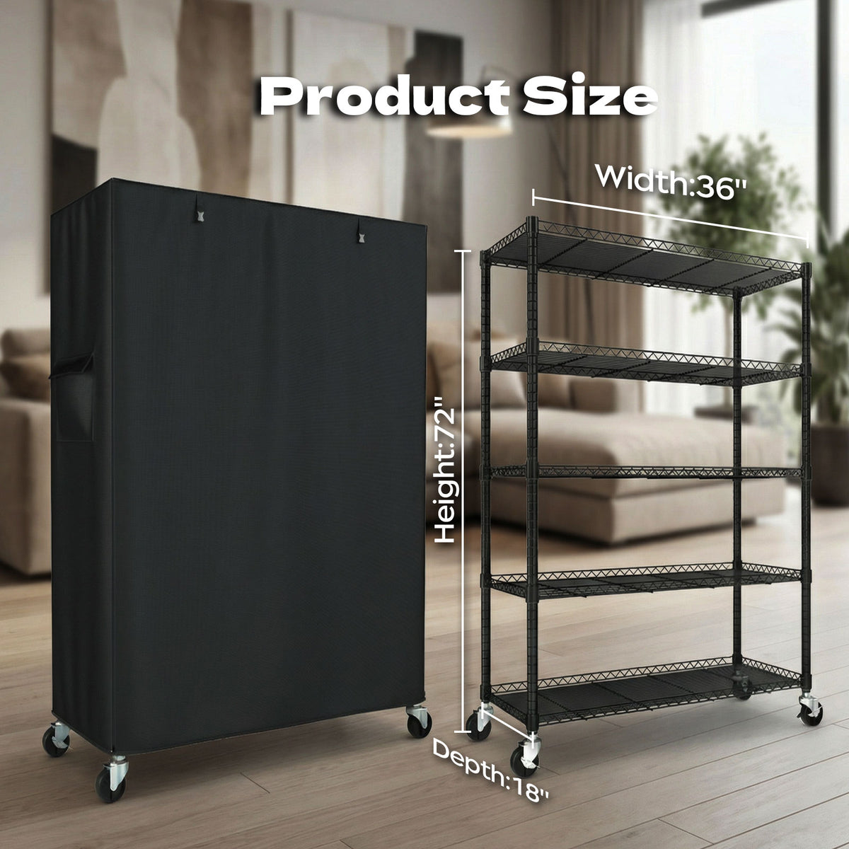 Dimensions diagram for 36x18x72 inch wire rack with cover and wheels