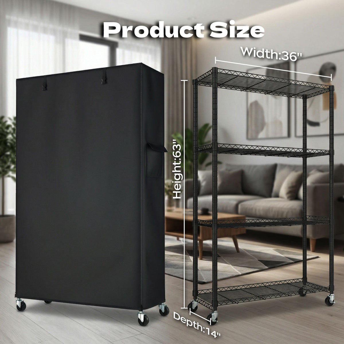 Dimensions chart for 36x14x63 inch storage shelves with cover and wheels