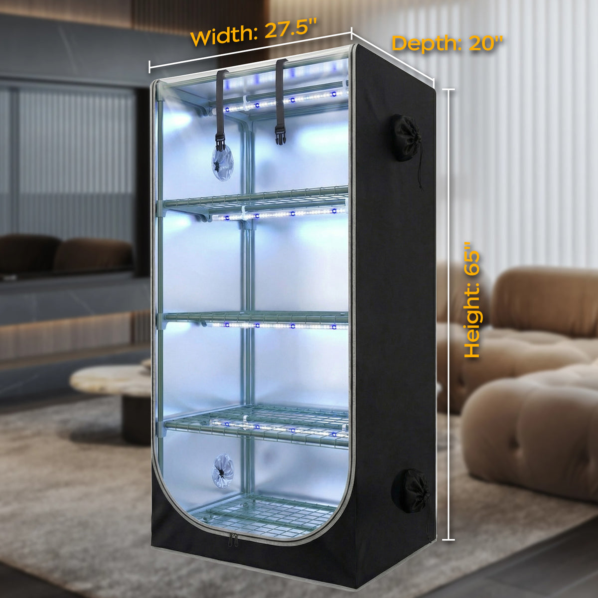 Dimensions diagram for 27.5x20x65 inch compact Martha mushroom grow tent kit