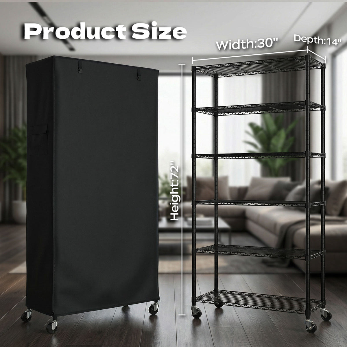 Dimensions diagram of 30x14x72 inch wire shelving unit with cover