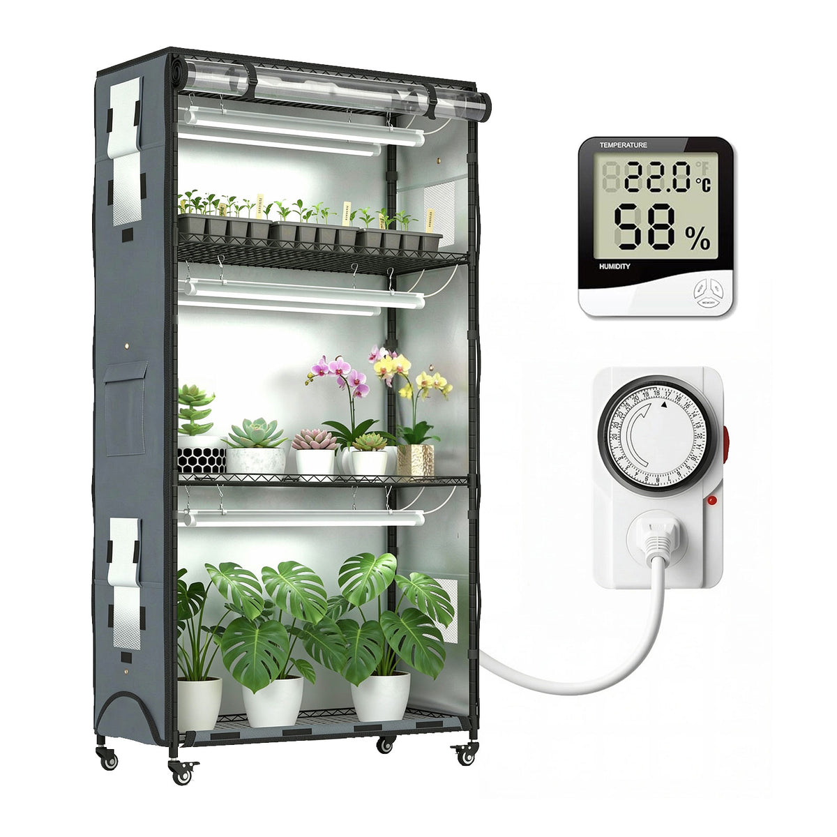 Indoor Greenhouse with 3-Color 6×T8 LED Grow Lights & Cover, 4-Tier Plant Stand - CoverUltra