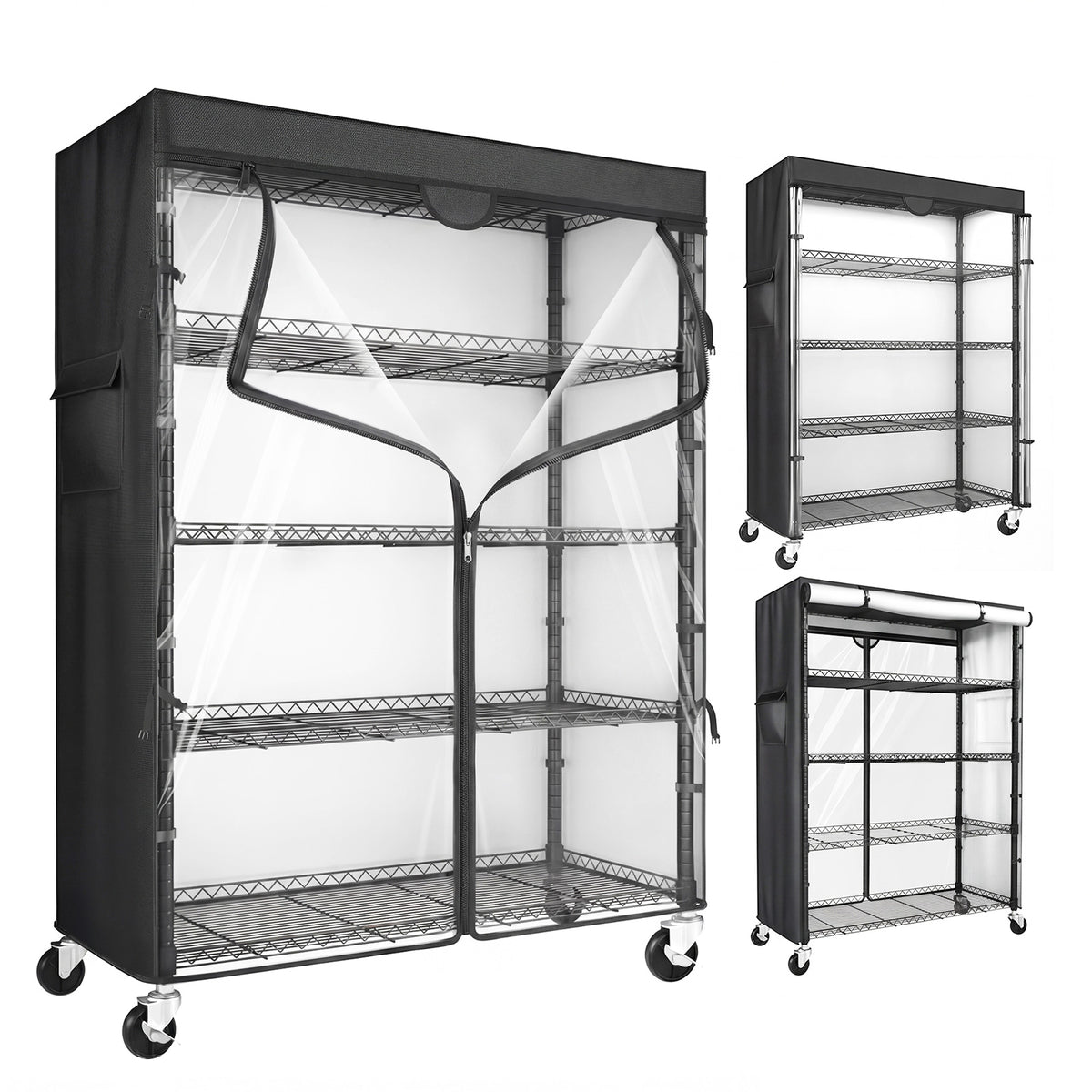 5-tier rolling wire rack with cover and wheels with transparent front panel