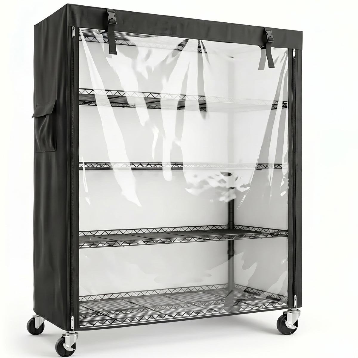 Durable 600D Oxford fabric cover installed on wire shelving unit with cover and wheels