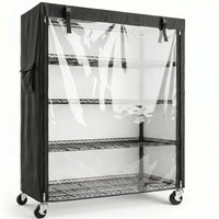 Durable 600D Oxford fabric cover installed on wire shelving unit with cover and wheels